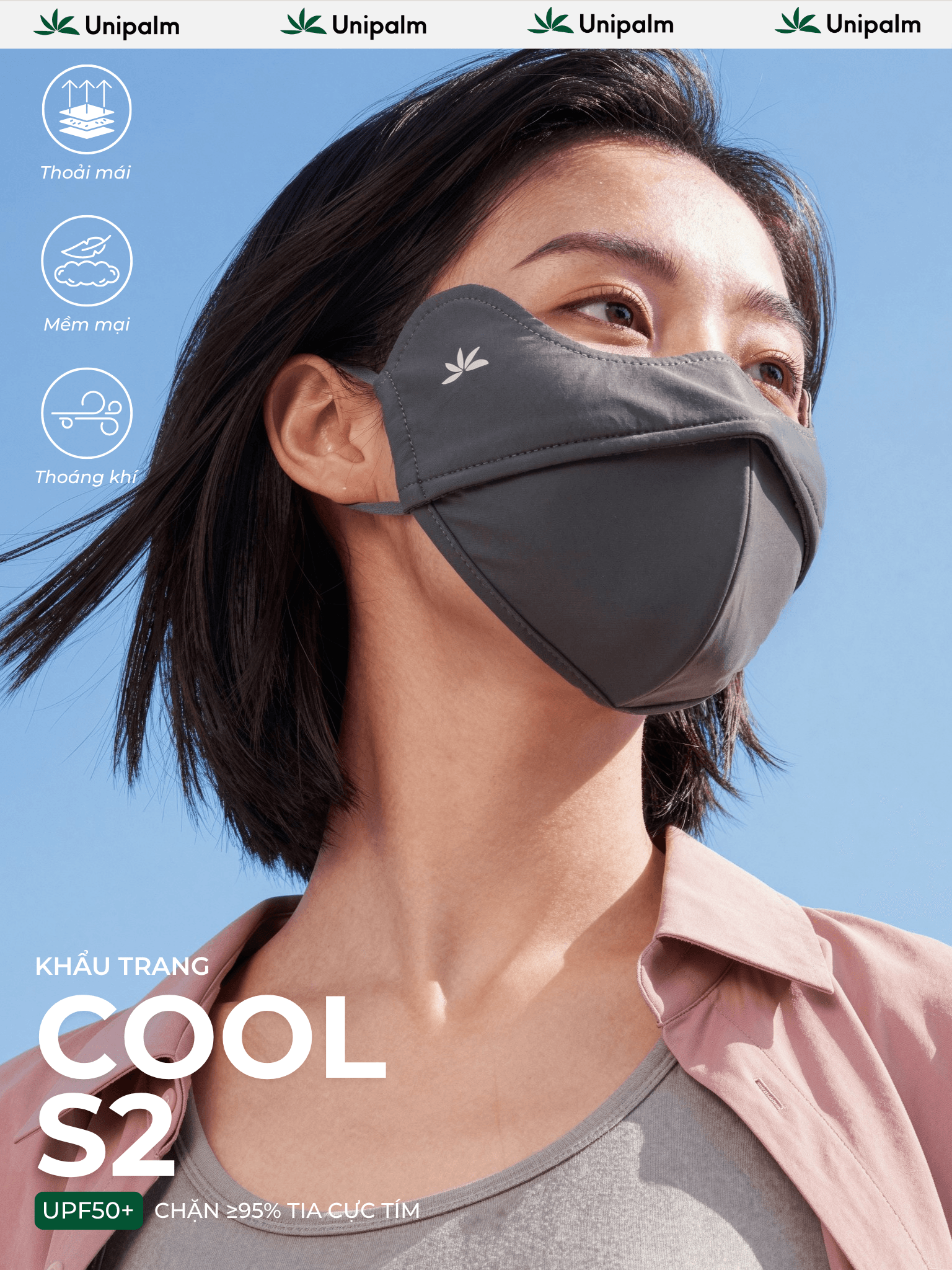 Khẩu trang chống tia UV Unipalm Cool S2 , chống nắng UPF 50+ Vải lụa băng mềm, có gọng 2 lớp - ảnh 1