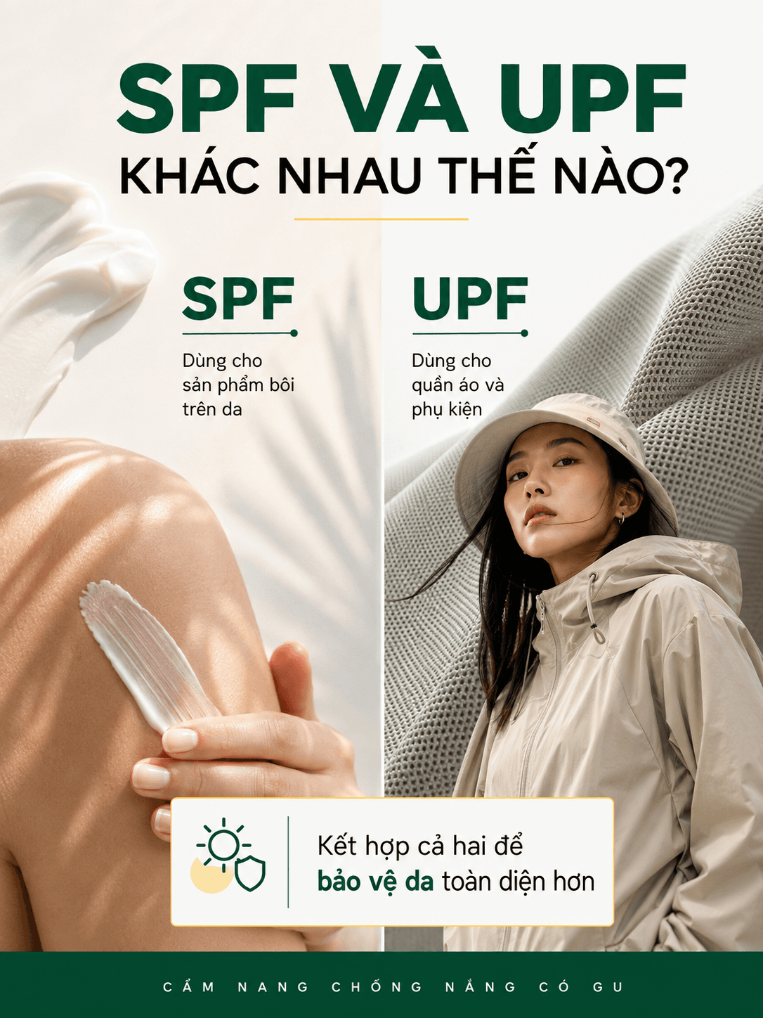 Hình ảnh minh họa một chai kem chống nắng (SPF) và một chiếc áo khoác chống nắng (UPF) đặt cạnh nhau trên bãi biển.