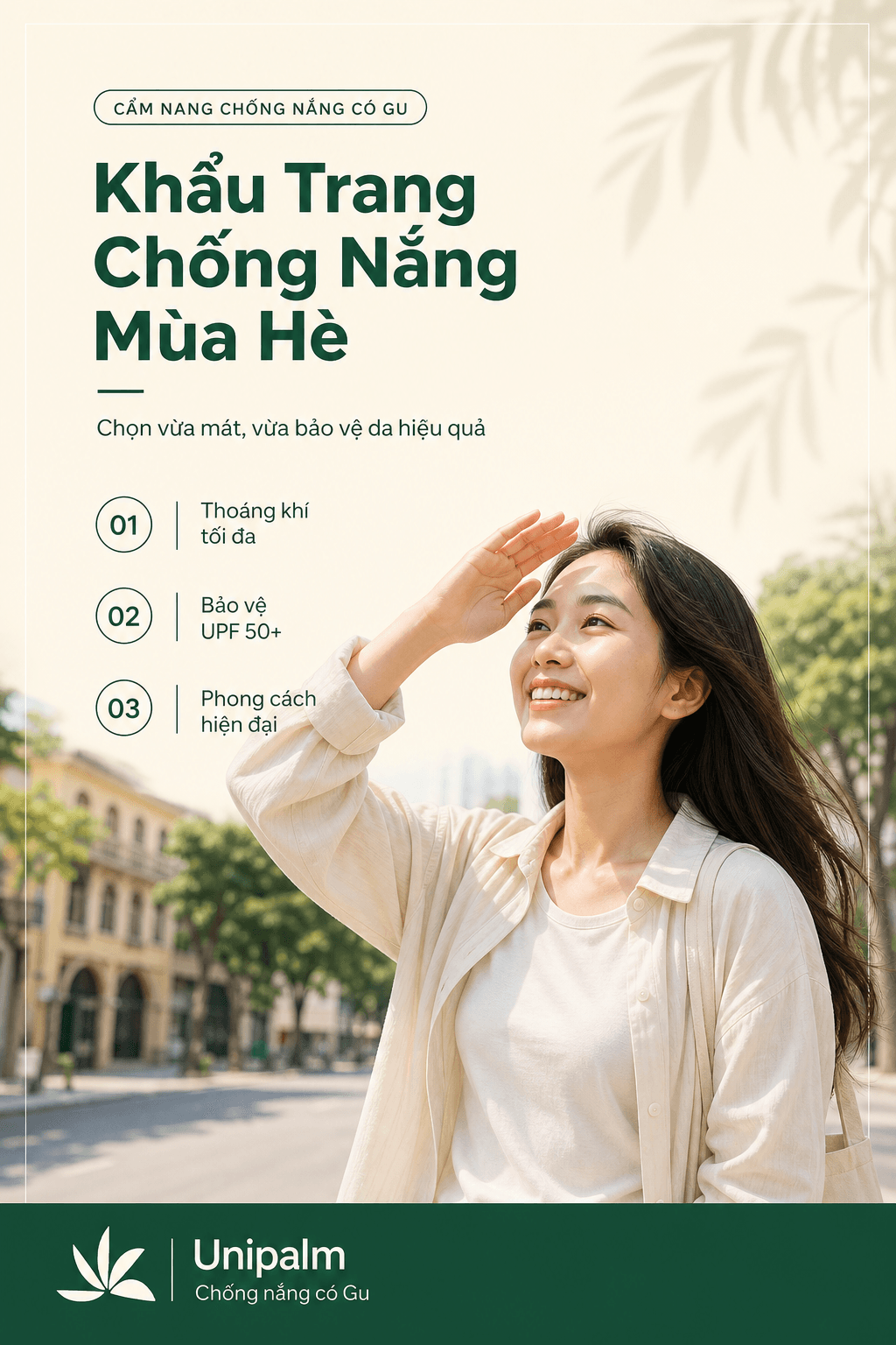 Một cô gái trẻ đang đội khẩu trang chống nắng màu sắc tươi sáng, mỉm cười và tận hưởng ánh nắng mùa hè một cách thoải mái.