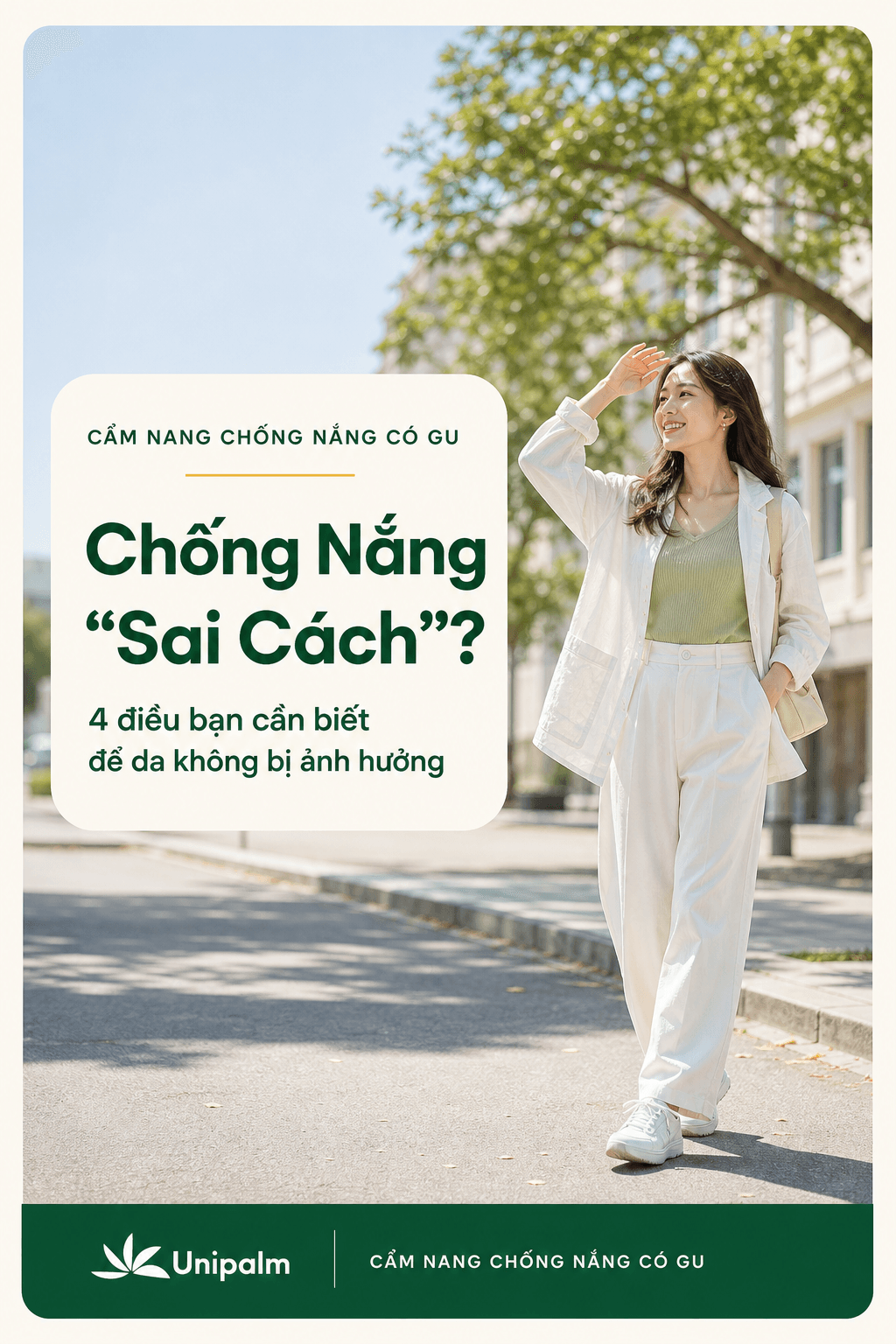 Một cô gái trẻ năng động, vui vẻ với trang phục chống nắng có gu, đang đi dạo ngoài trời nắng nhẹ.