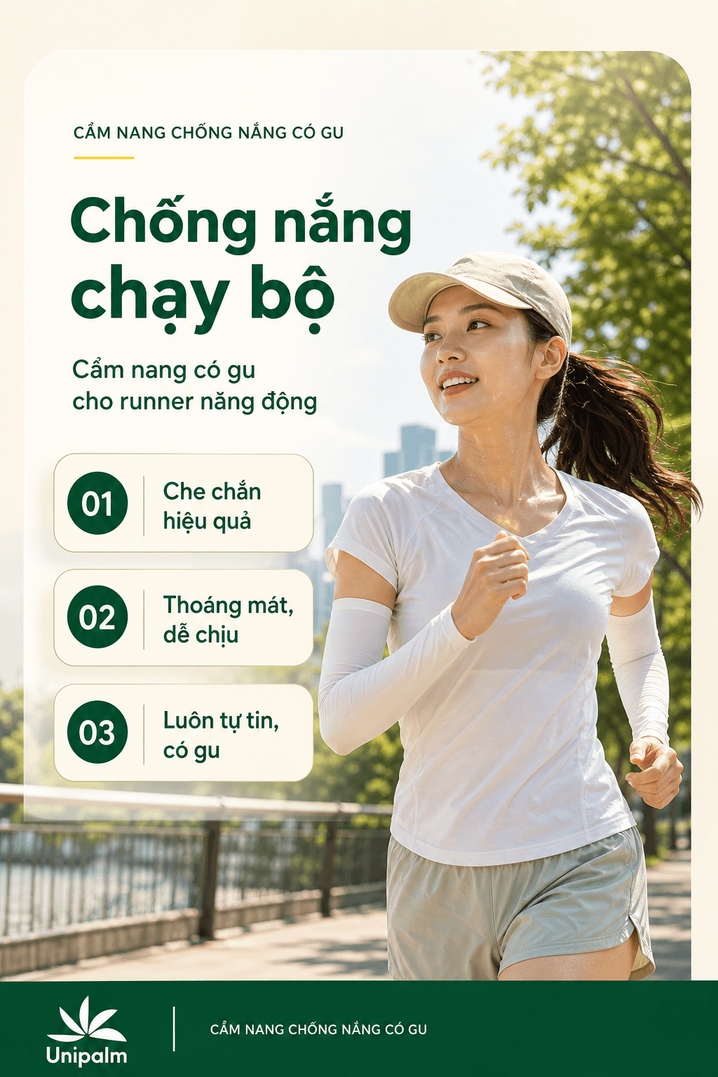 Một người chạy bộ đang đội mũ lưỡi trai và đeo ống tay áo chống nắng, mồ hôi lấm tấm nhưng vẫn trông tươi tắn và năng động dưới nắng.