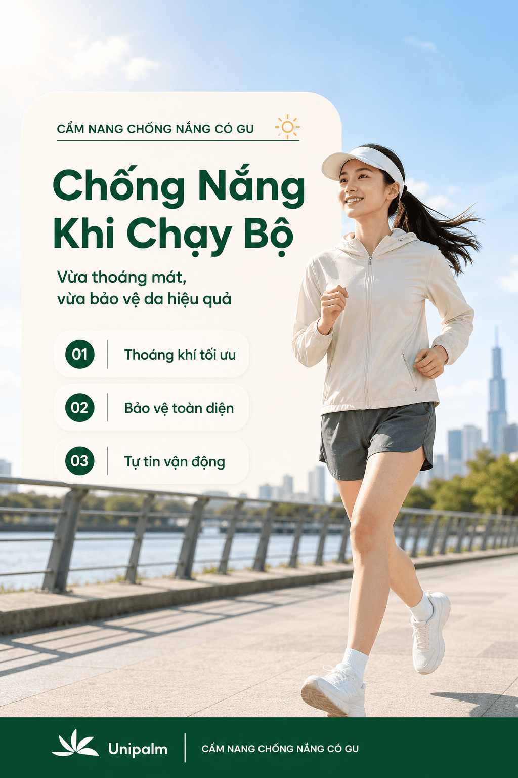 Một người đang chạy bộ ngoài trời trong trang phục chống nắng nhẹ nhàng, thoáng mát, tự tin và năng động.