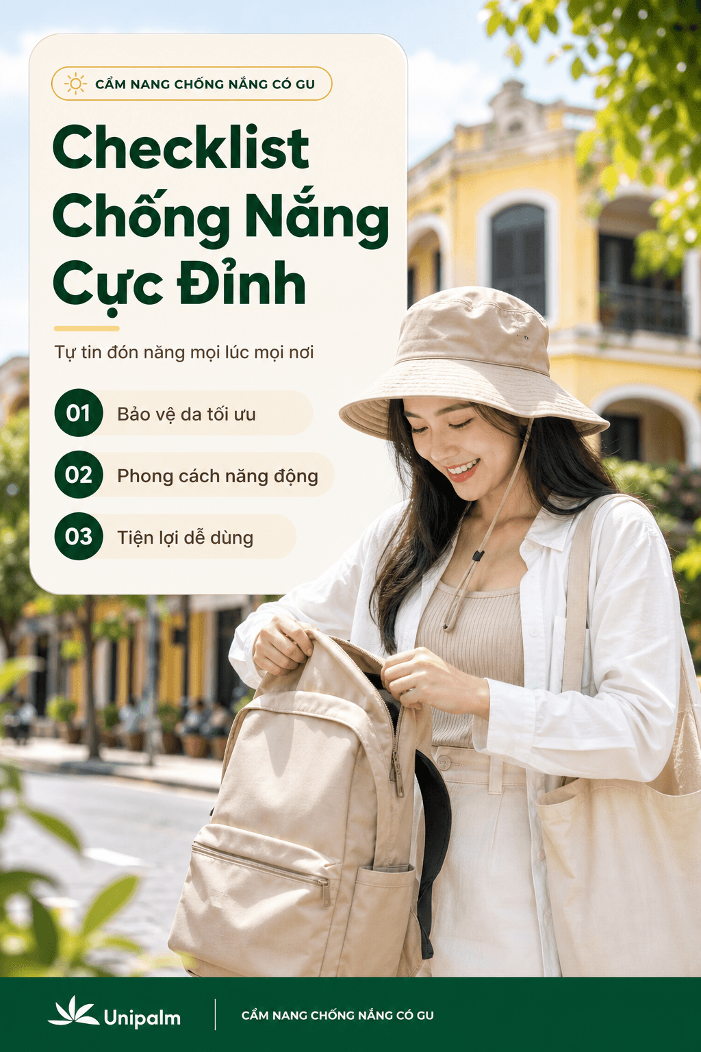 Một cô gái trẻ năng động đang kiểm tra lại đồ dùng chống nắng (mũ, kính, ống tay) trước khi ra ngoài khám phá một địa điểm du lịch dưới nắng.