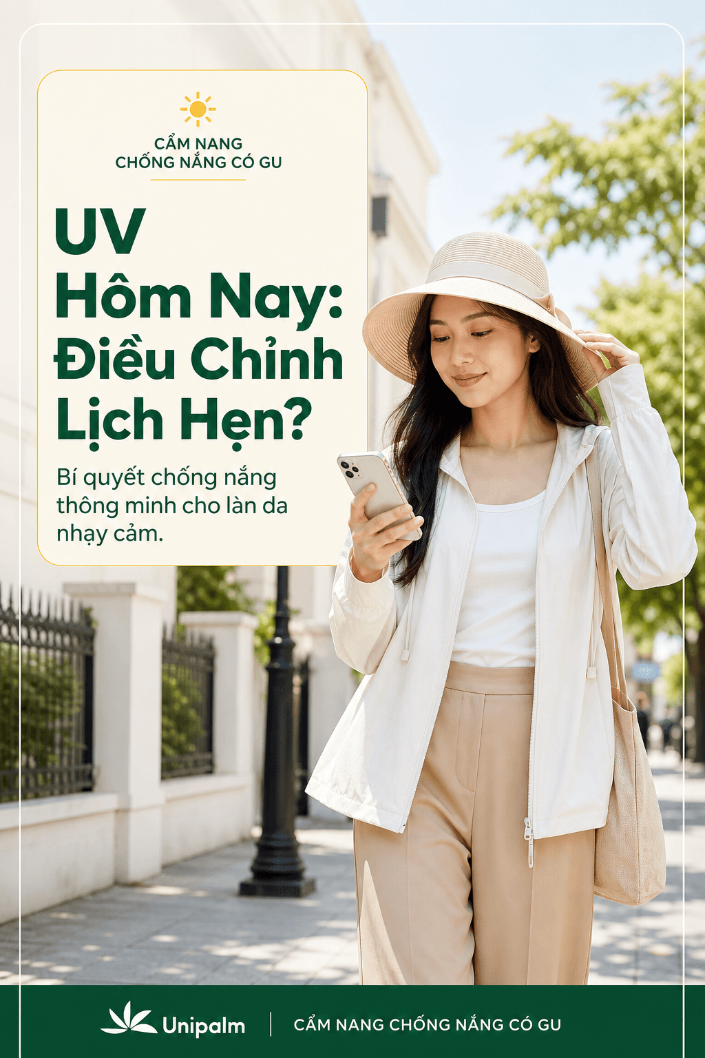 Người phụ nữ kiểm tra điện thoại xem chỉ số UV, chuẩn bị ra ngoài với nón và áo chống nắng nhẹ nhàng.