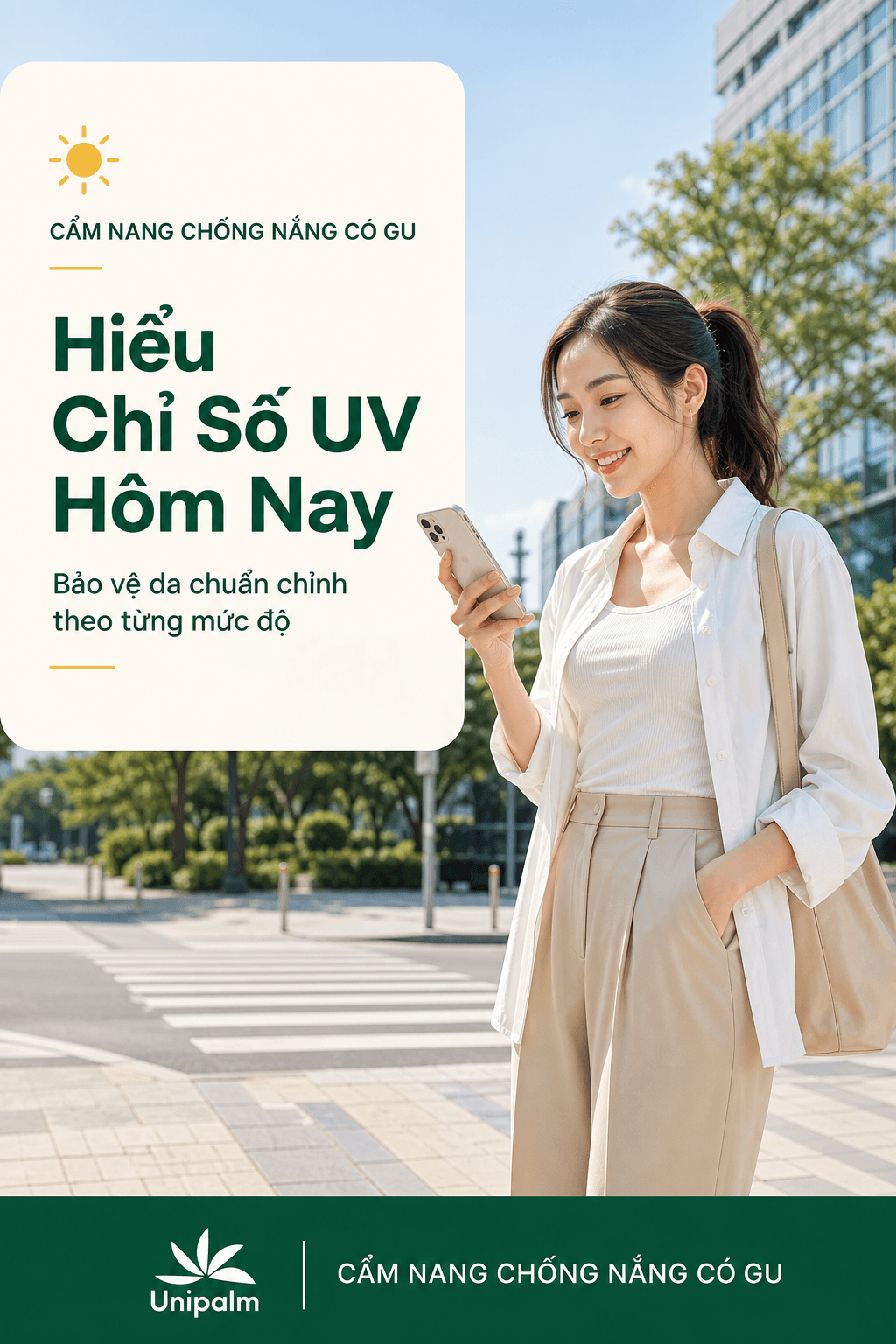 Một người phụ nữ trẻ năng động đang kiểm tra điện thoại với nền trời nắng đẹp, gợi ý việc kiểm tra chỉ số UV trước khi ra ngoài.