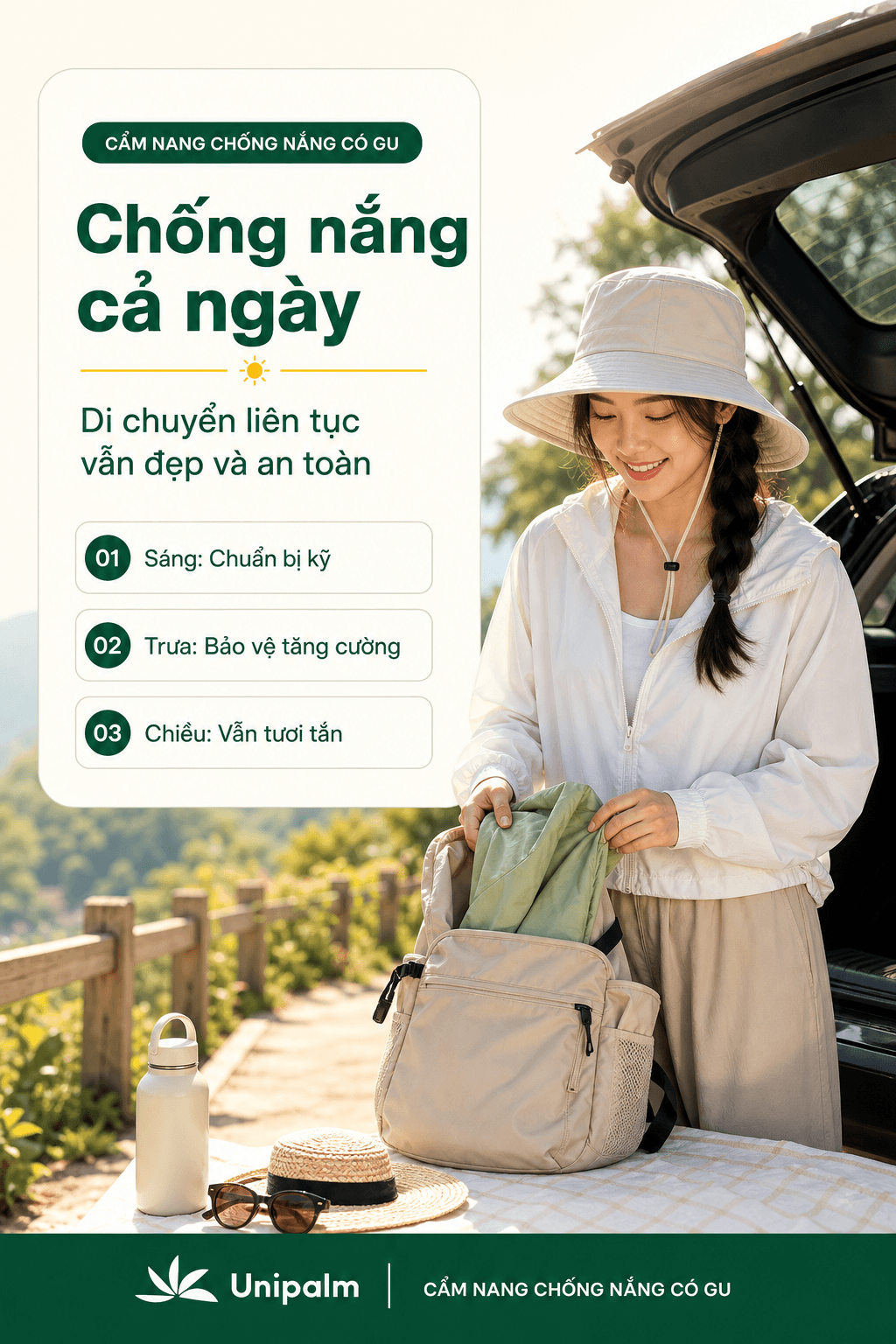 Một cô gái trẻ năng động đang chuẩn bị cho chuyến đi dã ngoại, mang theo trang phục chống nắng, mũ rộng vành và găng tay, với ánh nắng ban mai nhẹ nhàng.
