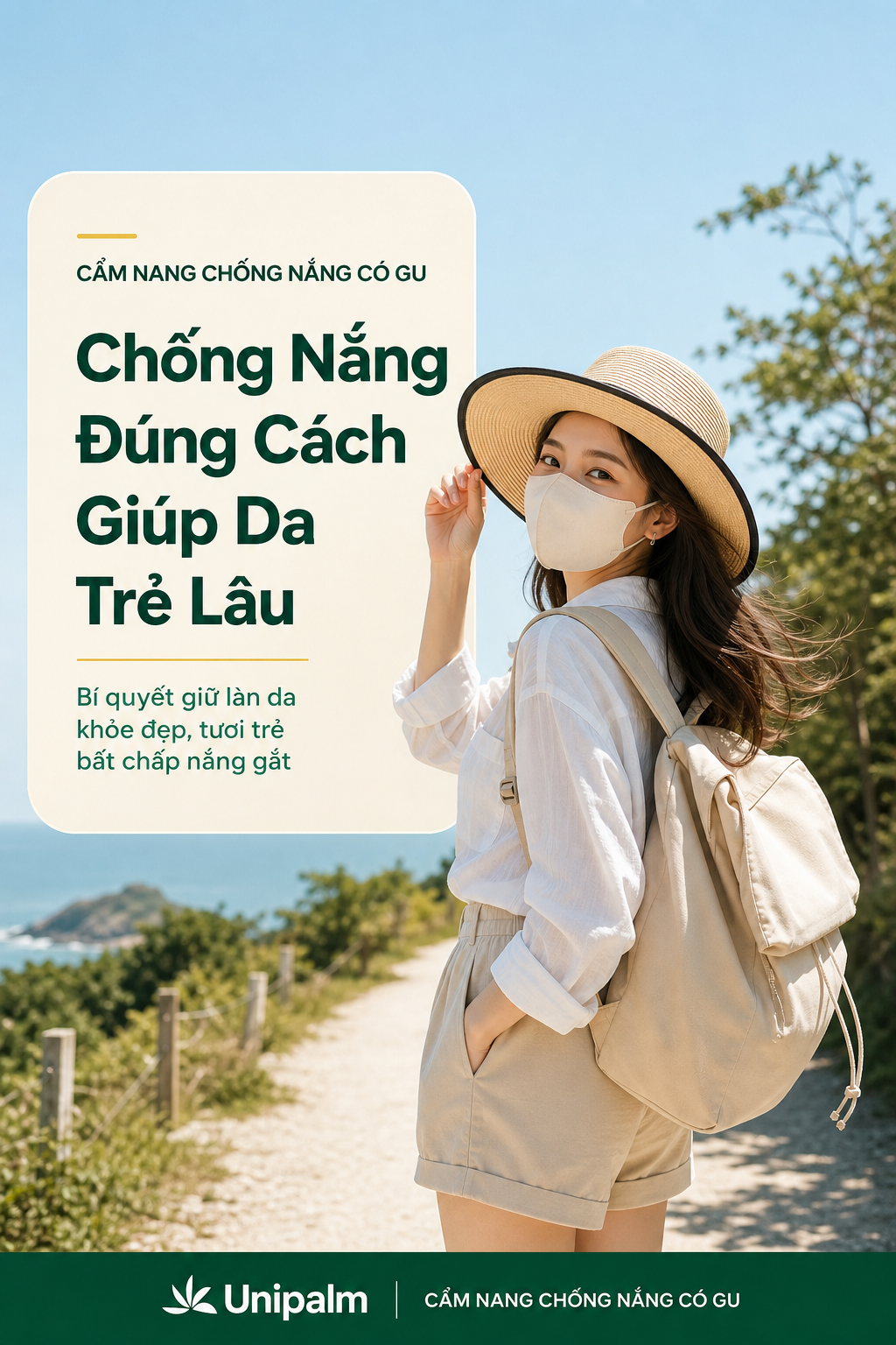Người phụ nữ trẻ trung năng động đội mũ rộng vành và đeo khẩu trang chống nắng khi đi du lịch dã ngoại dưới nắng