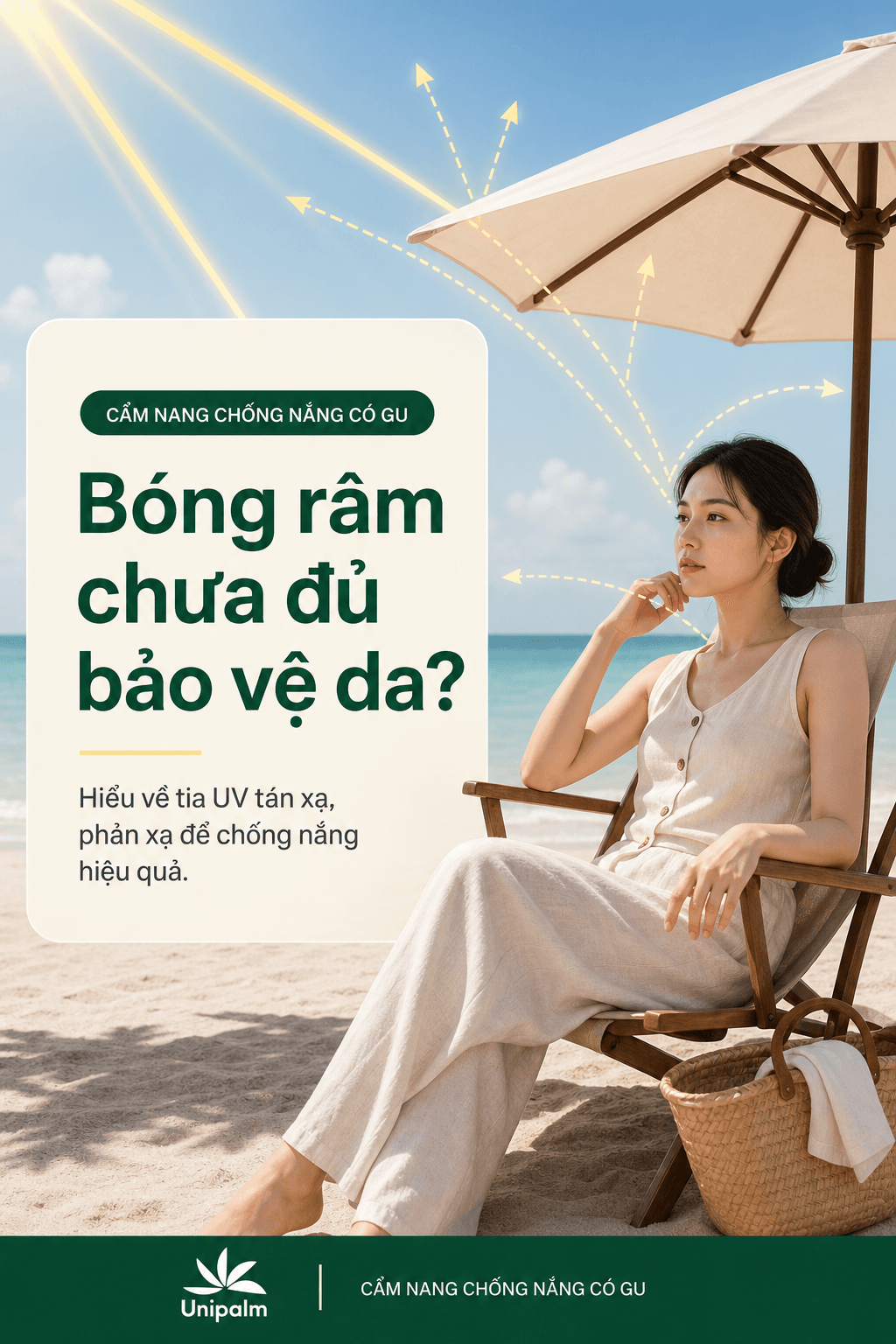 Một người phụ nữ ngồi dưới ô che nắng trên bãi biển nhưng ánh nắng vẫn chiếu tới.