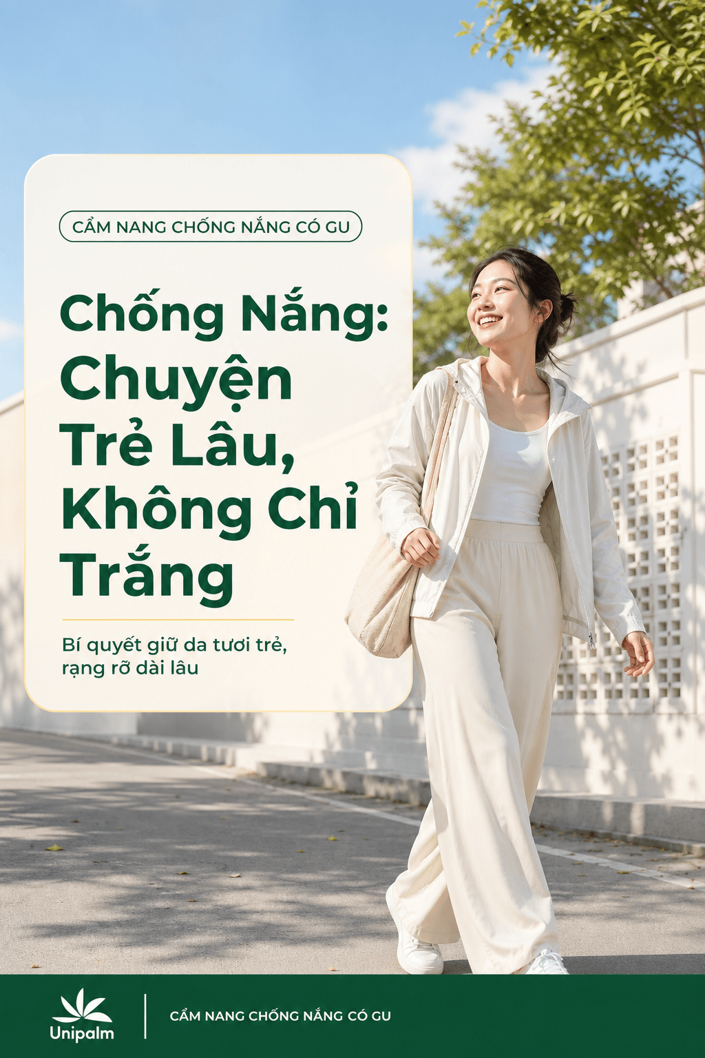 Một cô gái trẻ trung, năng động đang vui vẻ dưới nắng với trang phục chống nắng sành điệu, da đẹp và tươi tắn