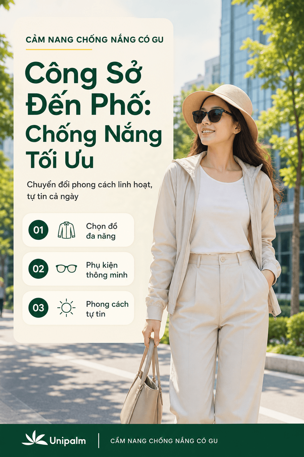 Cô gái mặc trang phục chống nắng sành điệu, đội mũ, đeo kính râm, tay cầm túi xách, đứng giữa không gian đô thị kết hợp xanh mát, thể hiện sự chuyển đổi từ làm việc sang giải trí.