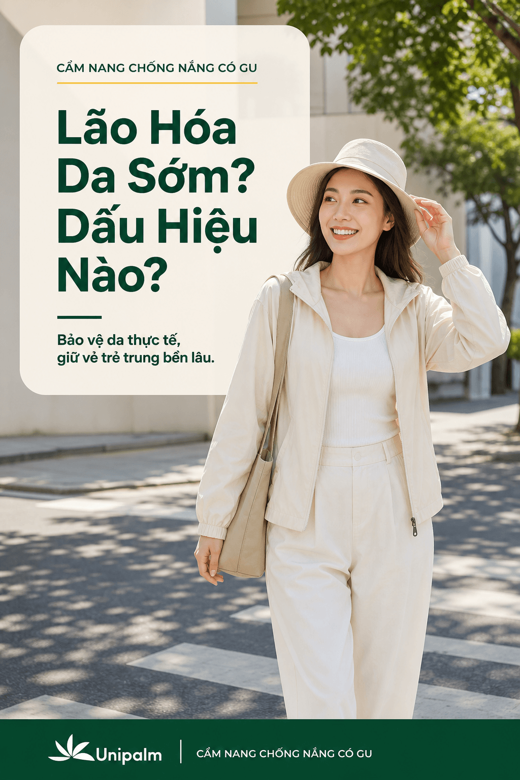 Một người phụ nữ trẻ trung với làn da mịn màng, đang mỉm cười và tự tin trong trang phục chống nắng nhẹ nhàng, thể hiện sự thoải mái và bảo vệ.