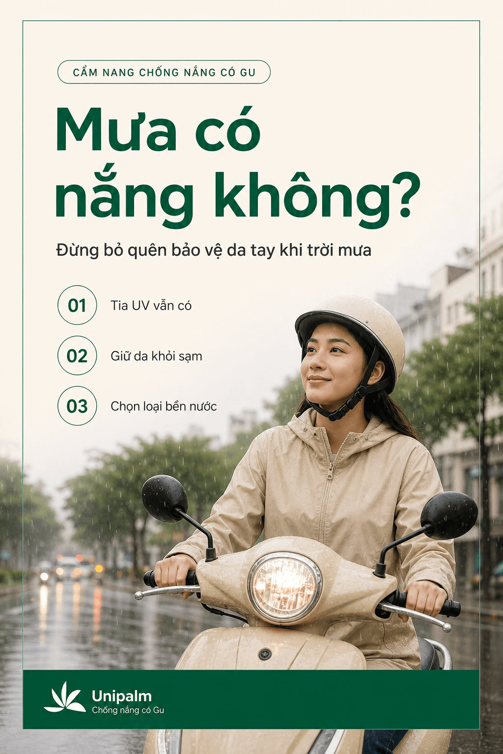 Một người đang đi xe máy dưới trời mưa nhẹ, đeo găng tay chống nắng Unipalm, nhìn tự tin và thoải mái.