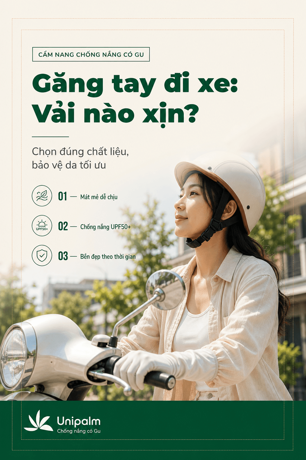 Người phụ nữ trẻ đang lái xe máy dưới nắng, đeo găng tay chống nắng màu sáng.