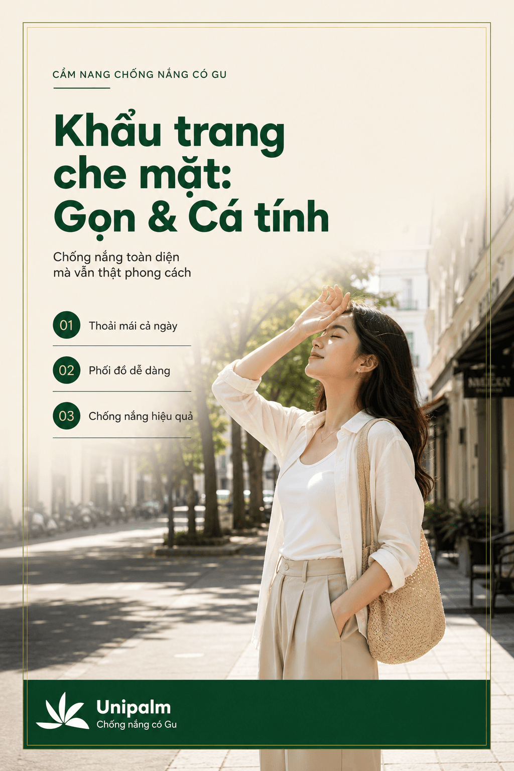 Một người phụ nữ trẻ năng động đang đeo khẩu trang chống nắng che toàn mặt màu trung tính, kết hợp hài hòa với bộ trang phục tối giản khi đi dạo phố dưới nắng.