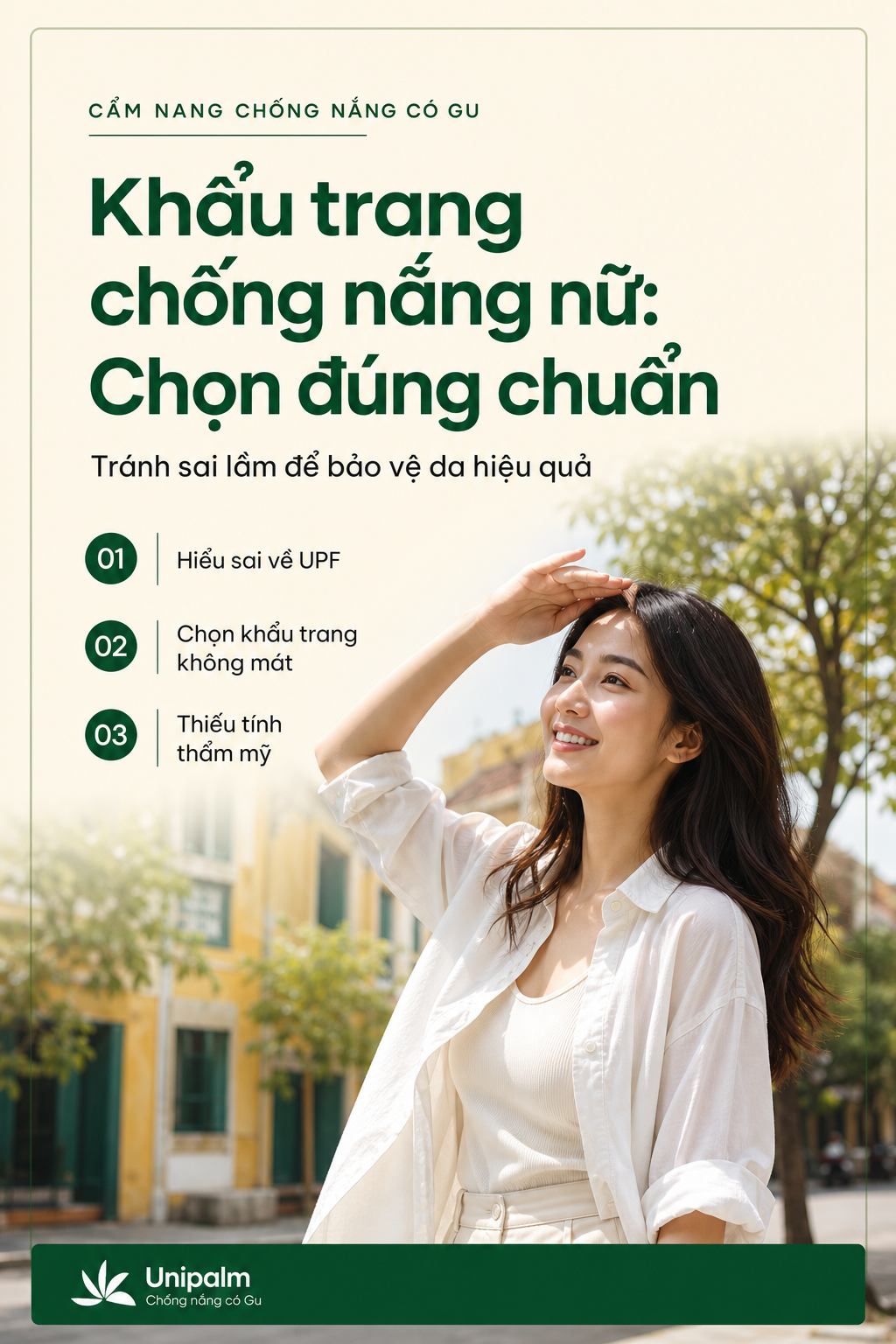 Người phụ nữ trẻ đeo khẩu trang vải chống nắng Unipalm, tươi cười tự tin khi ra ngoài trời nắng.