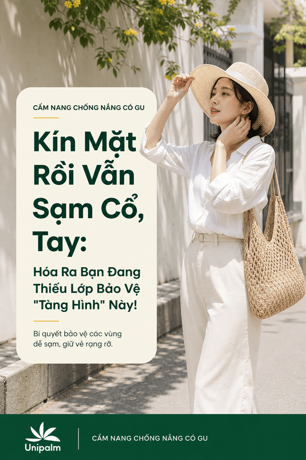 Người phụ nữ đang chống nắng cho vùng cổ, tai, gáy, bàn tay và cánh tay dưới ánh nắng mặt trời.