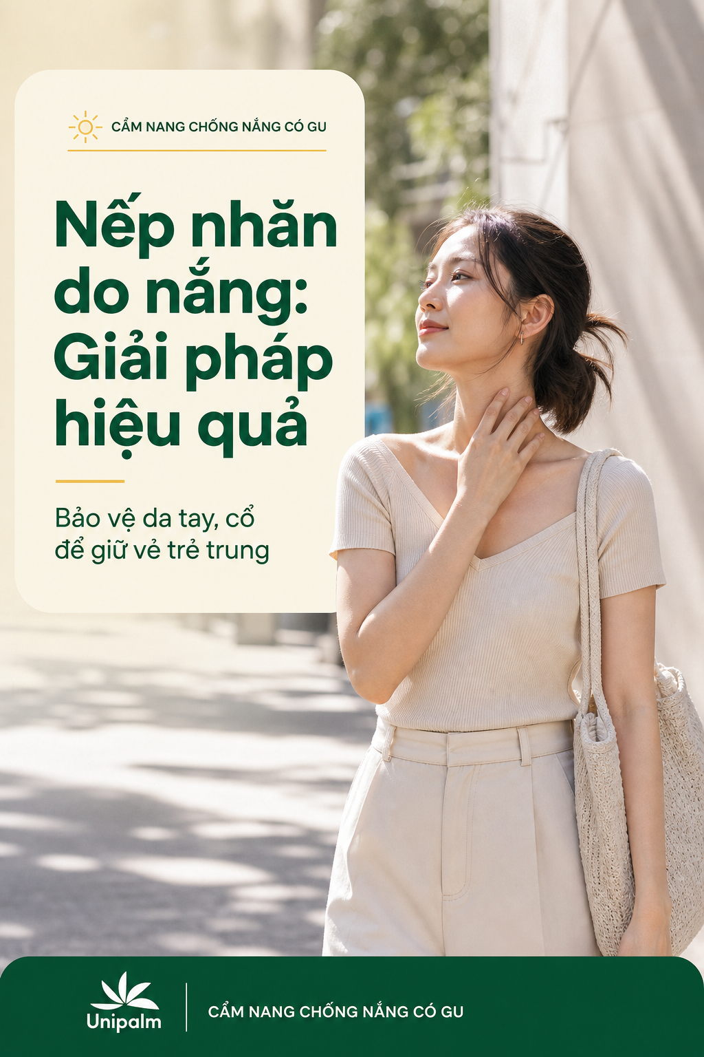 Người phụ nữ với bàn tay và vùng cổ lộ ra dưới nắng, có nếp nhăn li ti