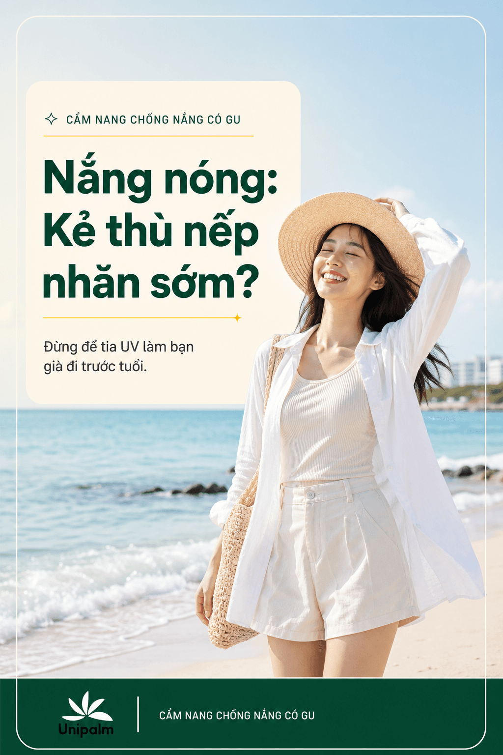 Người phụ nữ trẻ cười rạng rỡ trên bãi biển với làn da tươi tắn, được bảo vệ khỏi nắng.