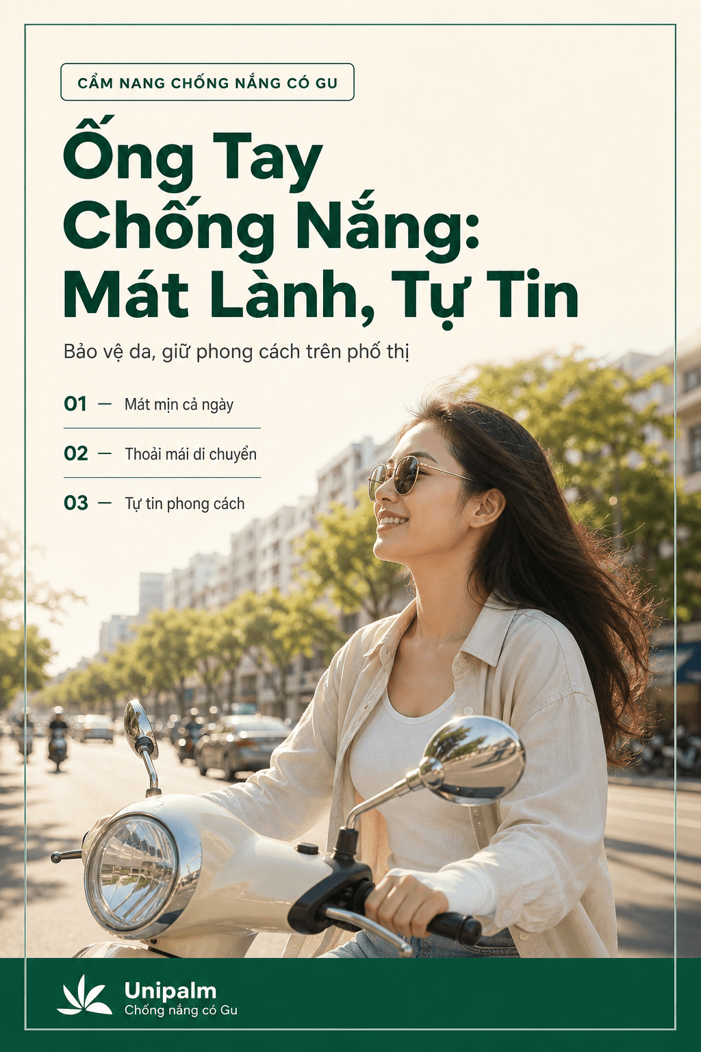 Bạn nữ trẻ trung đeo ống tay chống nắng Unipalm màu xám nhạt, đang lái xe máy trên đường phố rợp nắng, gương mặt thoải mái và tự tin.