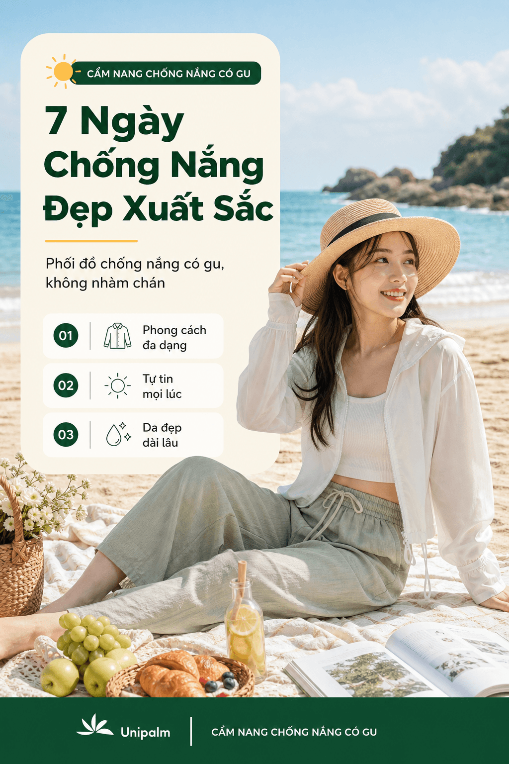 Một cô gái trẻ năng động đang đi picnic trên bãi biển, mặc đồ chống nắng có gu, kết hợp áo khoác mỏng, mũ rộng vành và phụ kiện.