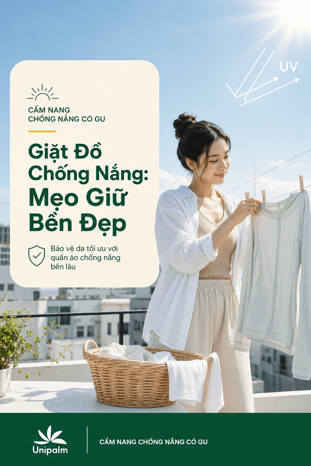 Một cô gái đang giặt tay hoặc phơi đồ chống nắng ngoài trời nắng nhẹ, với hình ảnh minh họa tia UV.