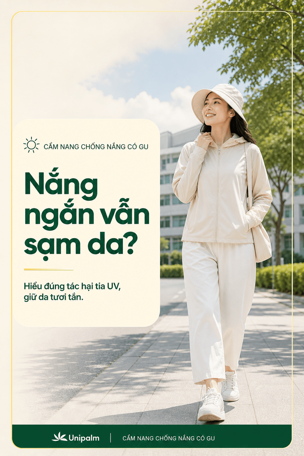 Người phụ nữ che chắn da bằng quần áo chống nắng hiện đại khi đi ra ngoài vào một ngày nắng nhẹ hoặc nhiều mây.