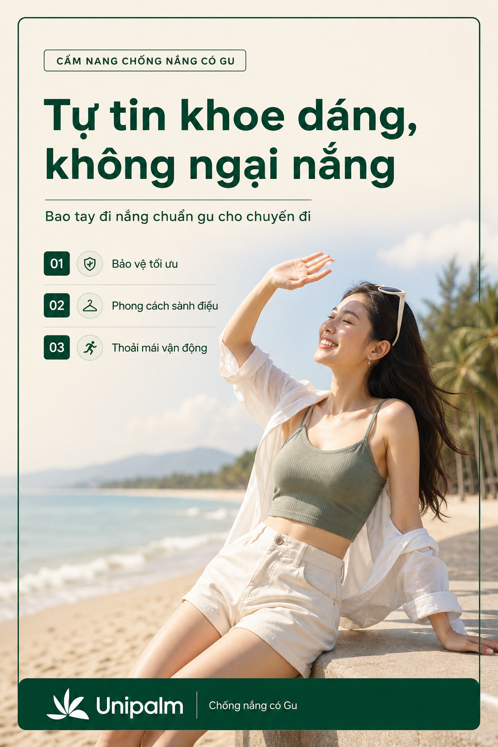 Cô gái trẻ cười tươi, tạo dáng trên bãi biển với outfit mùa hè năng động, đeo bao tay chống nắng thời trang.