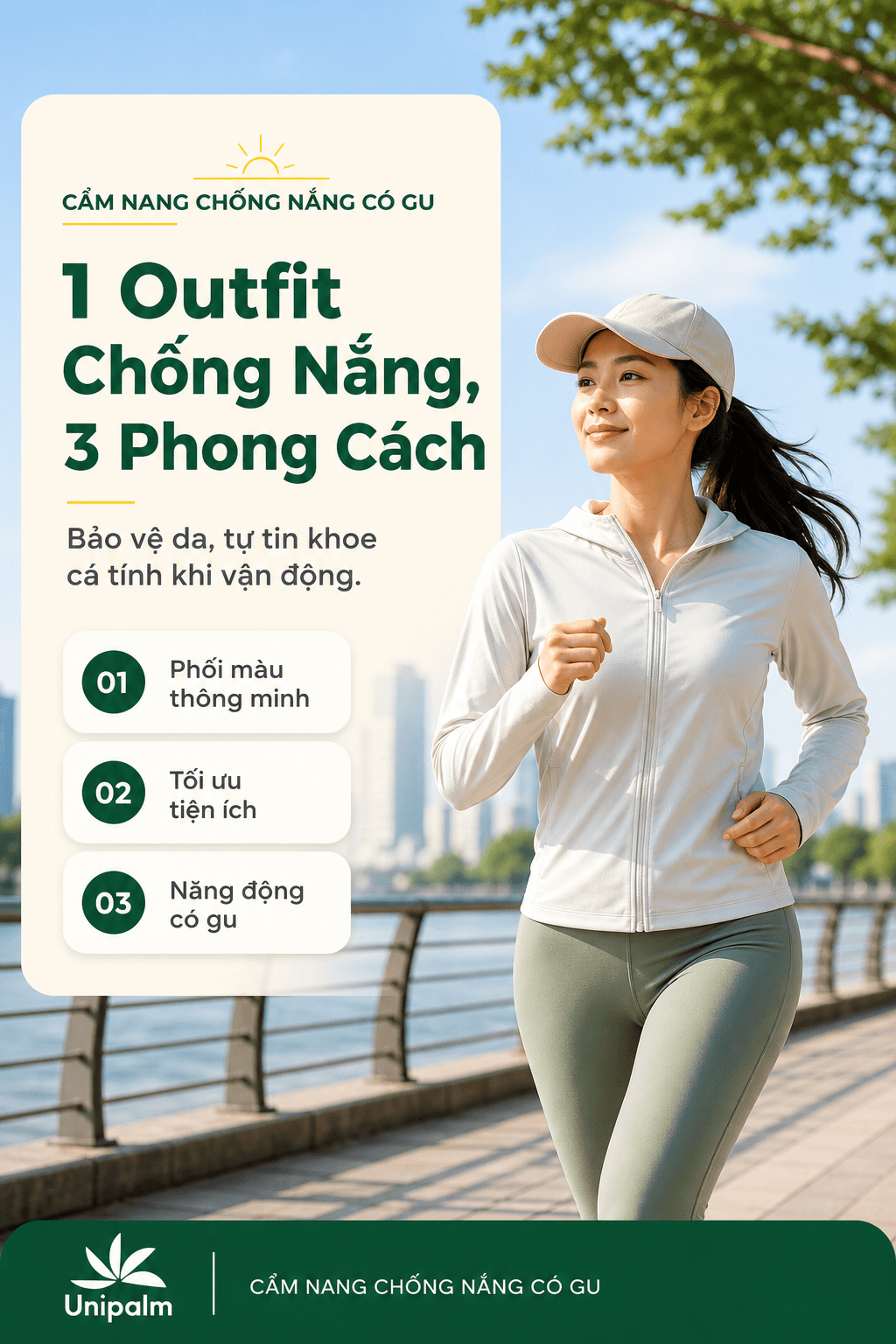 Người phụ nữ đang chạy bộ ngoài trời với trang phục chống nắng năng động, có gu