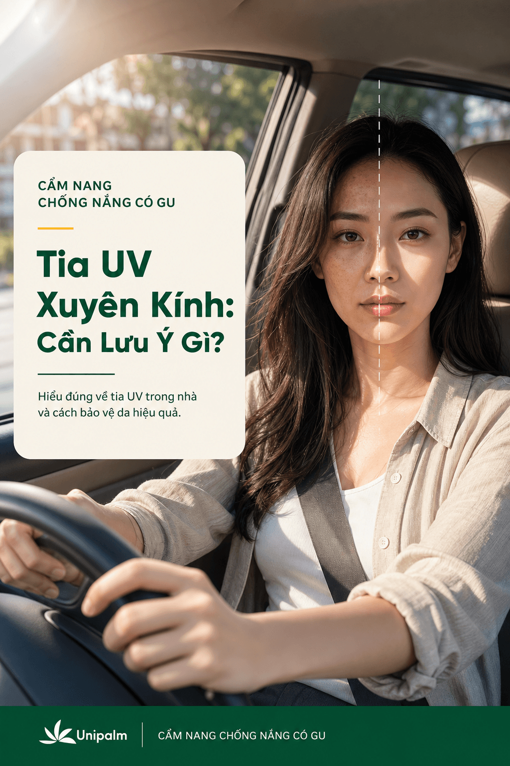 Một người phụ nữ đang lái xe với ánh nắng chiếu qua cửa kính, gương mặt có thể thấy rõ sự khác biệt về độ lão hóa giữa hai bên.