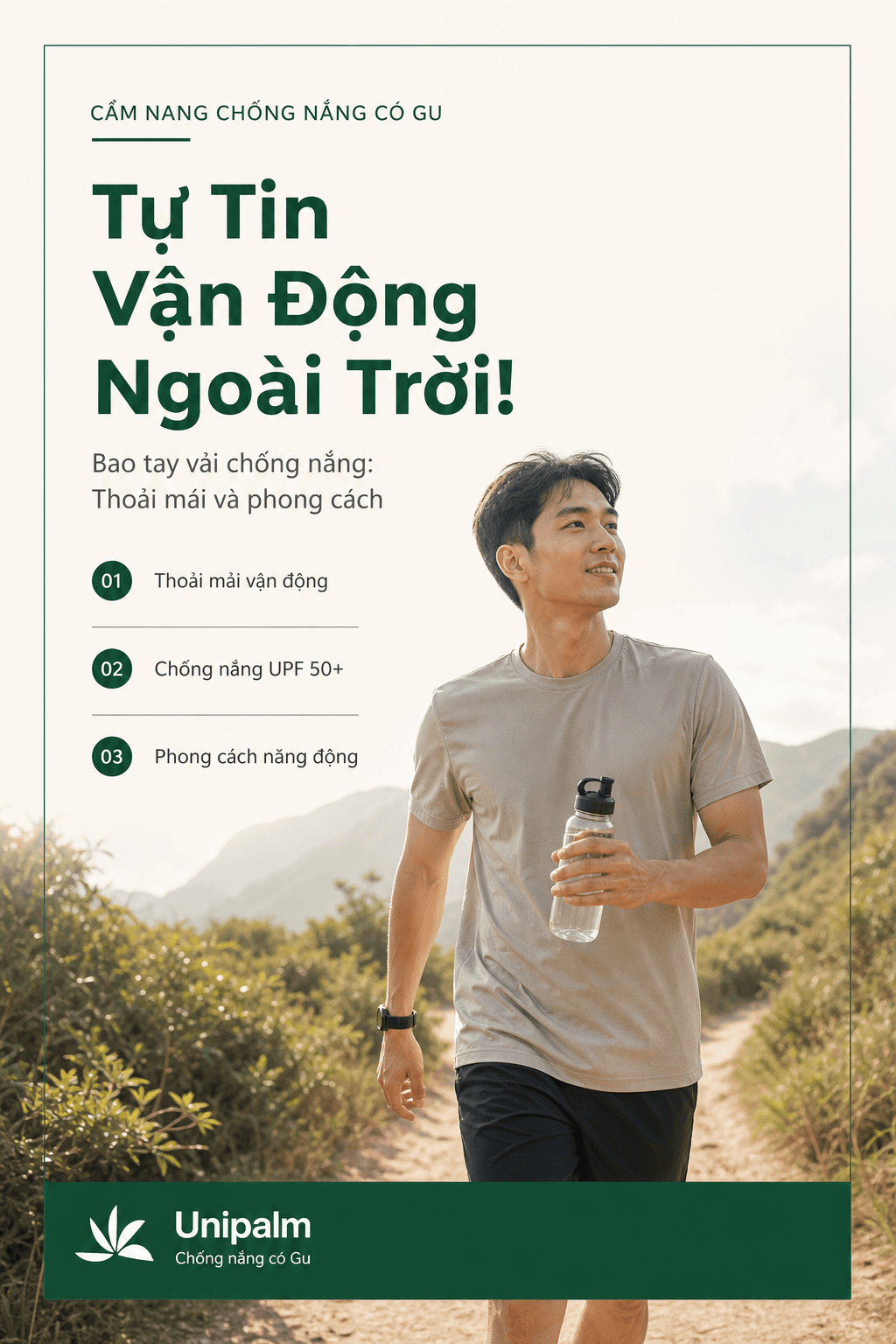 Đôi tay đeo bao tay chống nắng vải màu trung tính đang cầm chai nước trong lúc đi bộ đường dài hoặc chạy bộ, thể hiện sự năng động và thoải mái dưới nắng.