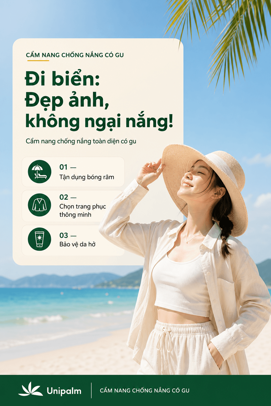 Cô gái trẻ năng động mặc đồ chống nắng phong cách, tự tin tạo dáng trên bãi biển xanh cát trắng, đội mũ rộng vành, tận hưởng kỳ nghỉ mà vẫn bảo vệ da.