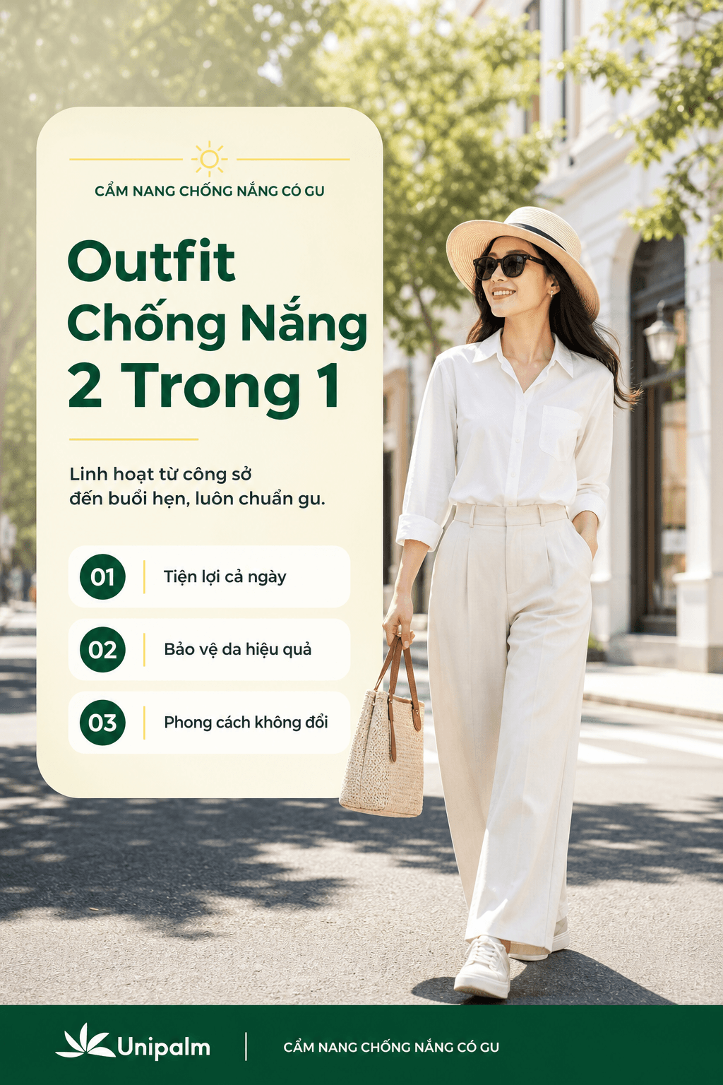 Một cô gái trẻ mặc áo sơ mi trắng, quần ống rộng, đội mũ và đeo kính râm, tay cầm túi xách, trông vừa thanh lịch vừa năng động, đang đi bộ trên con đường nhiều nắng.