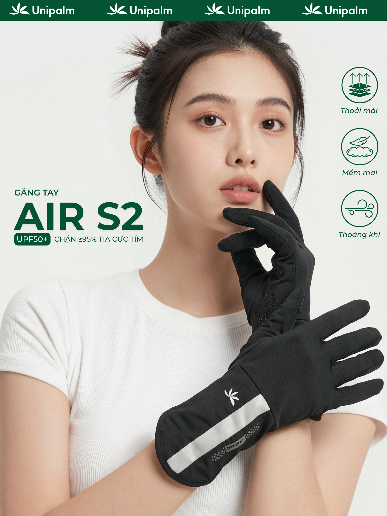 Găng tay chống nắng chống tia UV 99% UPF 50+ Unipalm Air S2 cho nữ chạy xe hở đầu ngón tay cảm ứng